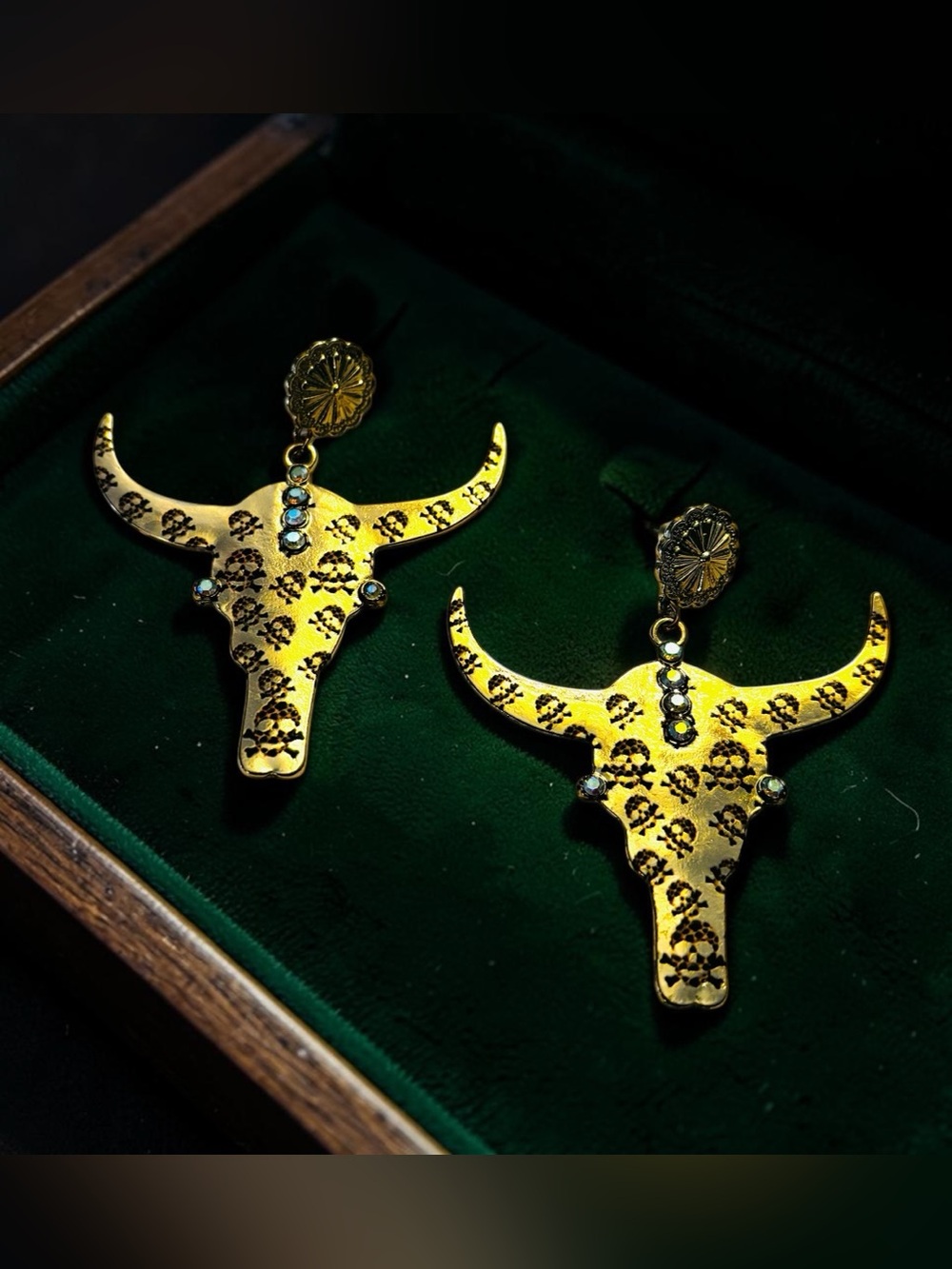 Gold-tone Bull Skull Decorative Earrings